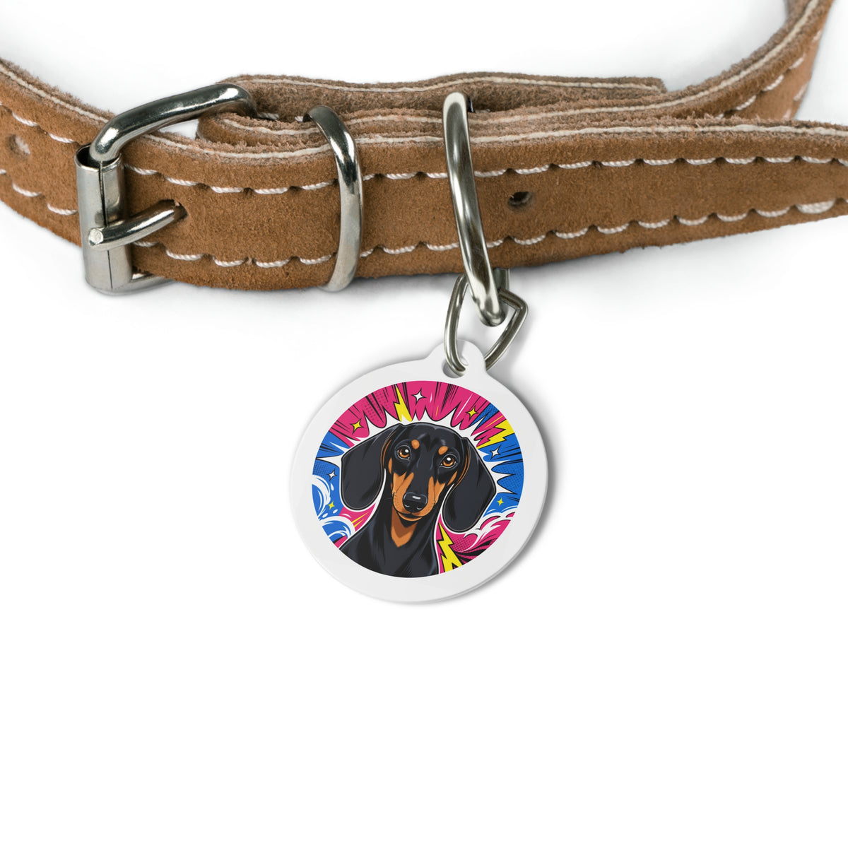 Dachshund Pop Art Pet ID Tag — Personalized Round Dog Name & Phone Tag product detail