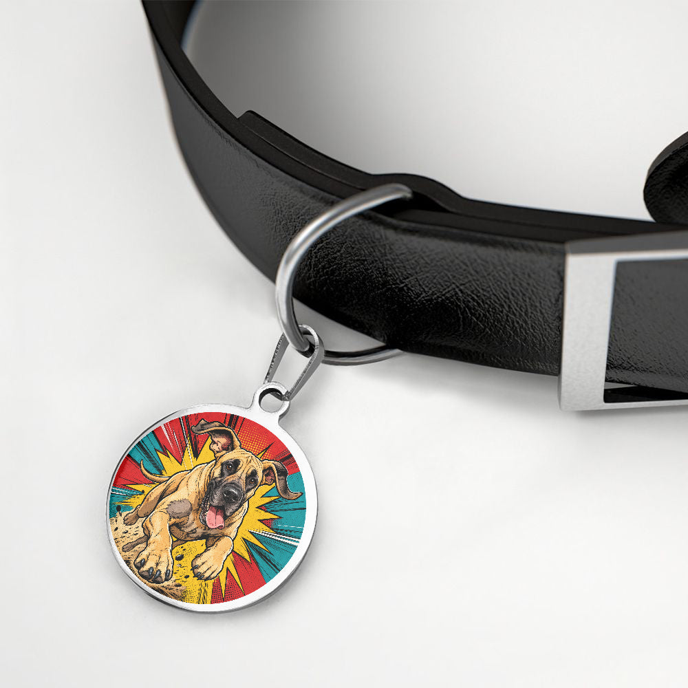 Great Dane Comic Action Hero personalized dog ID tag product detail