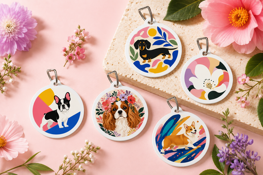 Colorful personalized dog ID tags arranged with collars for comparing size, style, and fit
