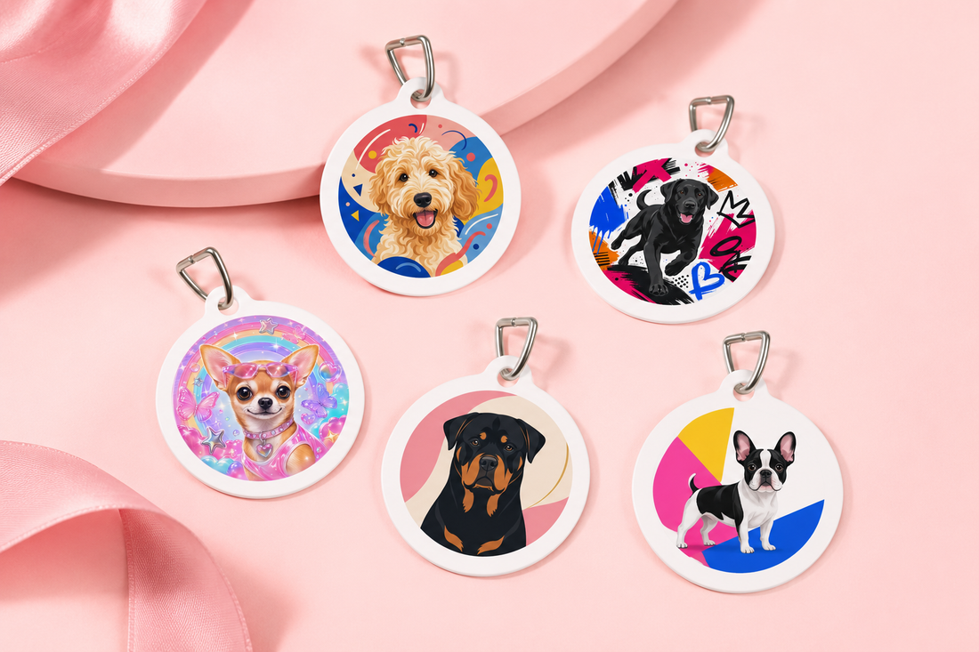 Personalized dog ID tag showing clear contact information beside a colorful dog collar