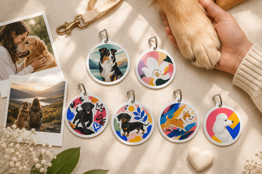 Collection of colorful personalized dog tags inspired by different breeds, themes, and pet personalities