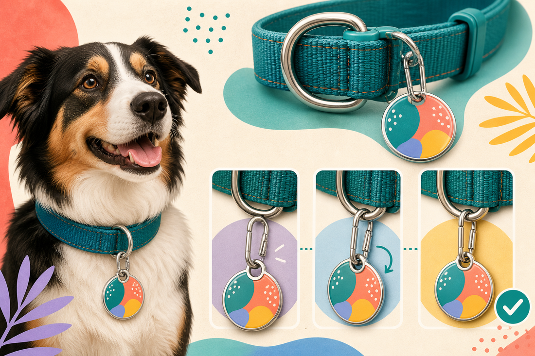 Dog wearing a colorful round ID tag beside a three-step illustration showing a clip attached securely to a collar D-ring