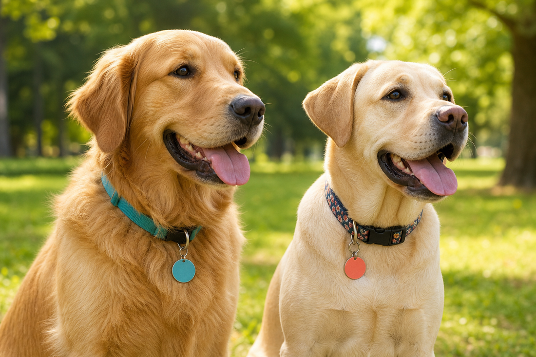 Golden Retriever and Labrador wearing proportionally sized colorful round dog ID tags in a park