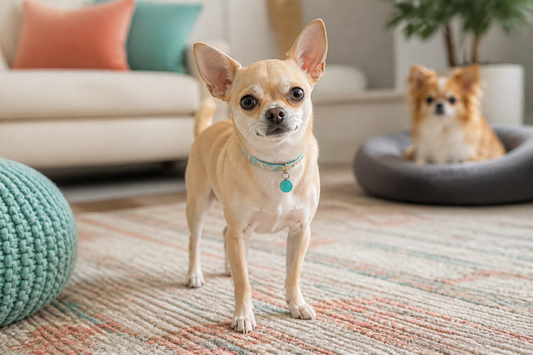 Small fawn Chihuahua wearing a lightweight colorful round ID tag on a narrow collar
