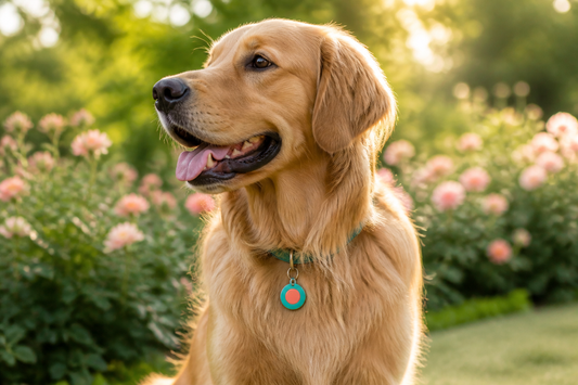 Golden Retriever wearing a teal and coral round ID tag visible against its long golden coat
