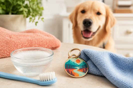 Colorful round dog tag beside mild soapy water, soft toothbrush, microfiber cloth, and a dog