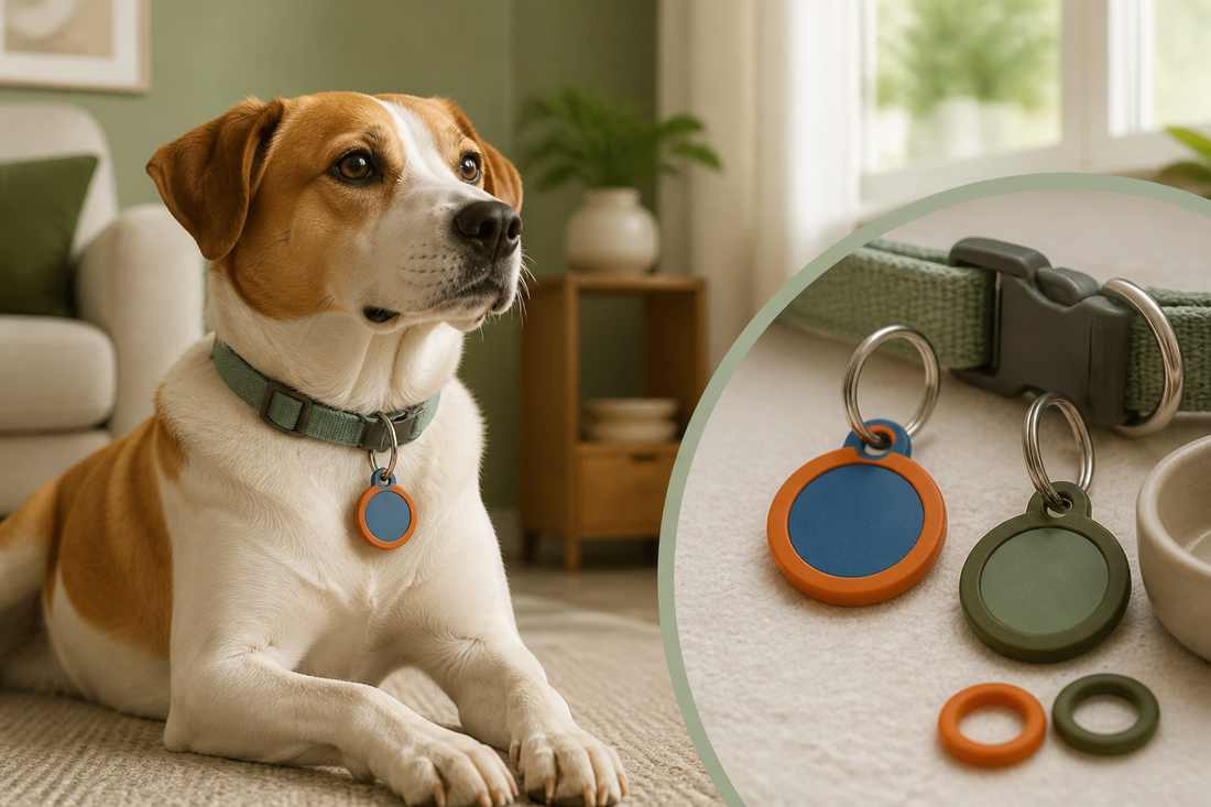 Dog wearing a colorful round tag with silicone edge covers and separated collar tag hardware