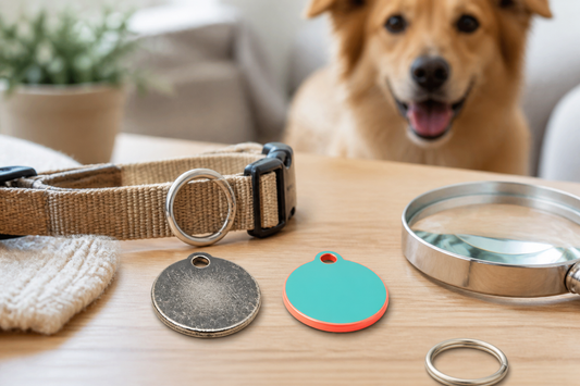Worn scratched dog ID tag beside a fresh colorful replacement tag, collar, and inspection magnifier