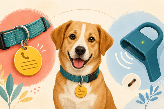 Dog with a visible ID tag shown alongside a pet microchip scanner