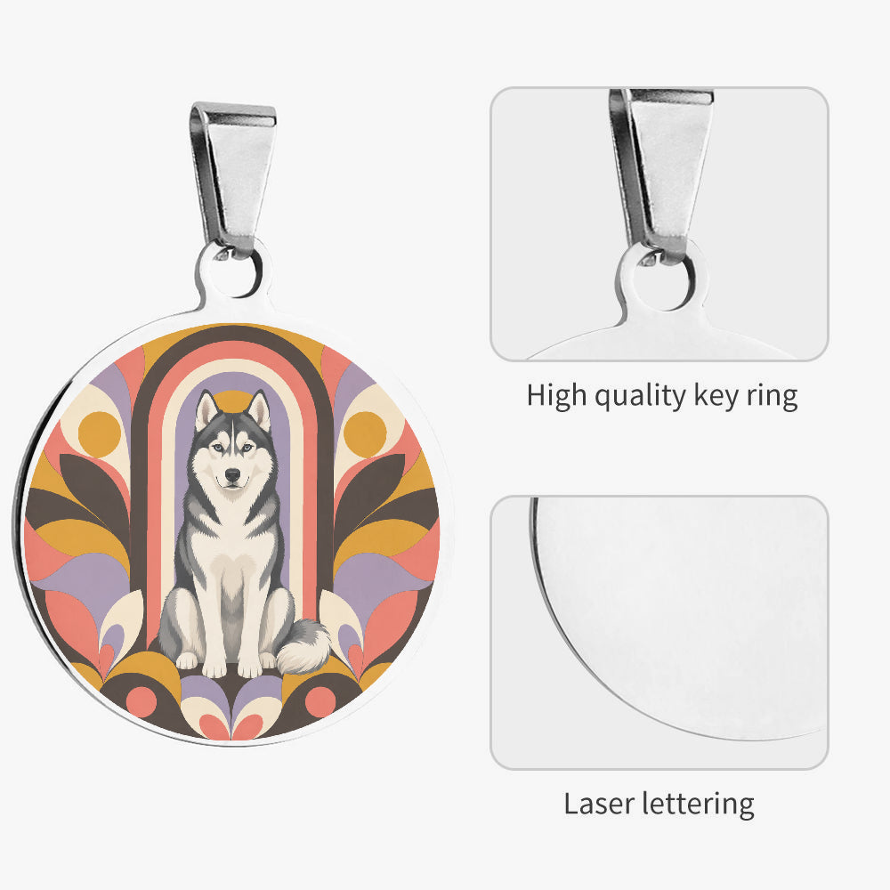 Close-up of Siberian Husky Retro Arch Deco artwork on personalized dog ID tag