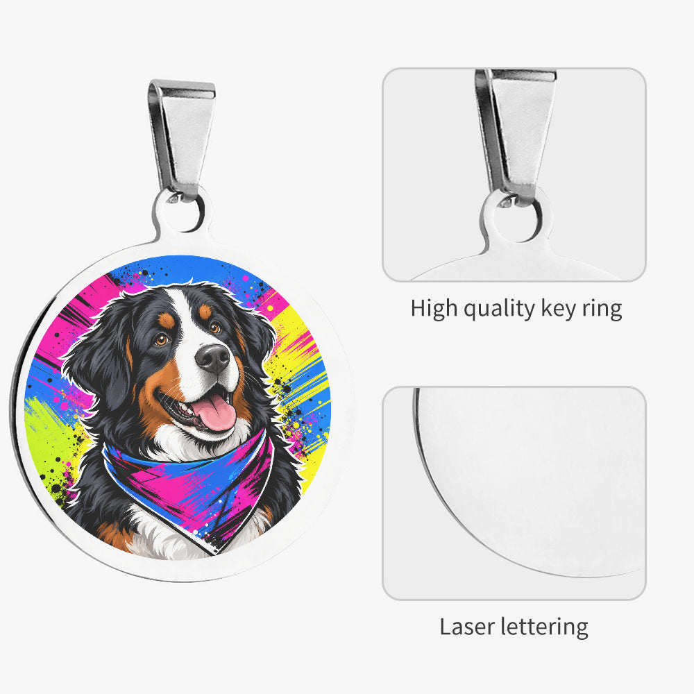 Close-up of Bernese Mountain Dog Streetwear Bandana Pop artwork on personalized dog ID tag