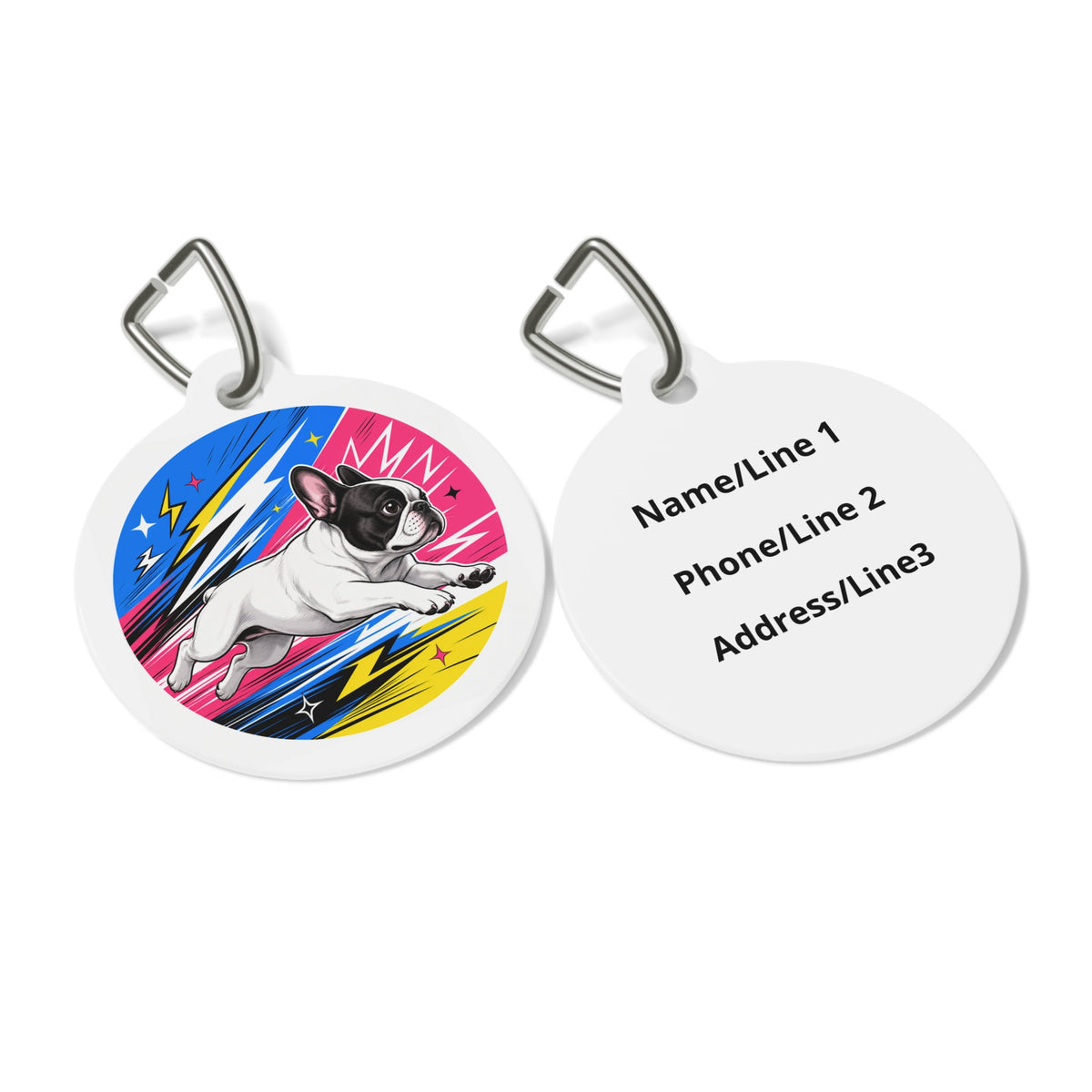 Close-up of French Bulldog Pop Art artwork on personalized dog ID tag