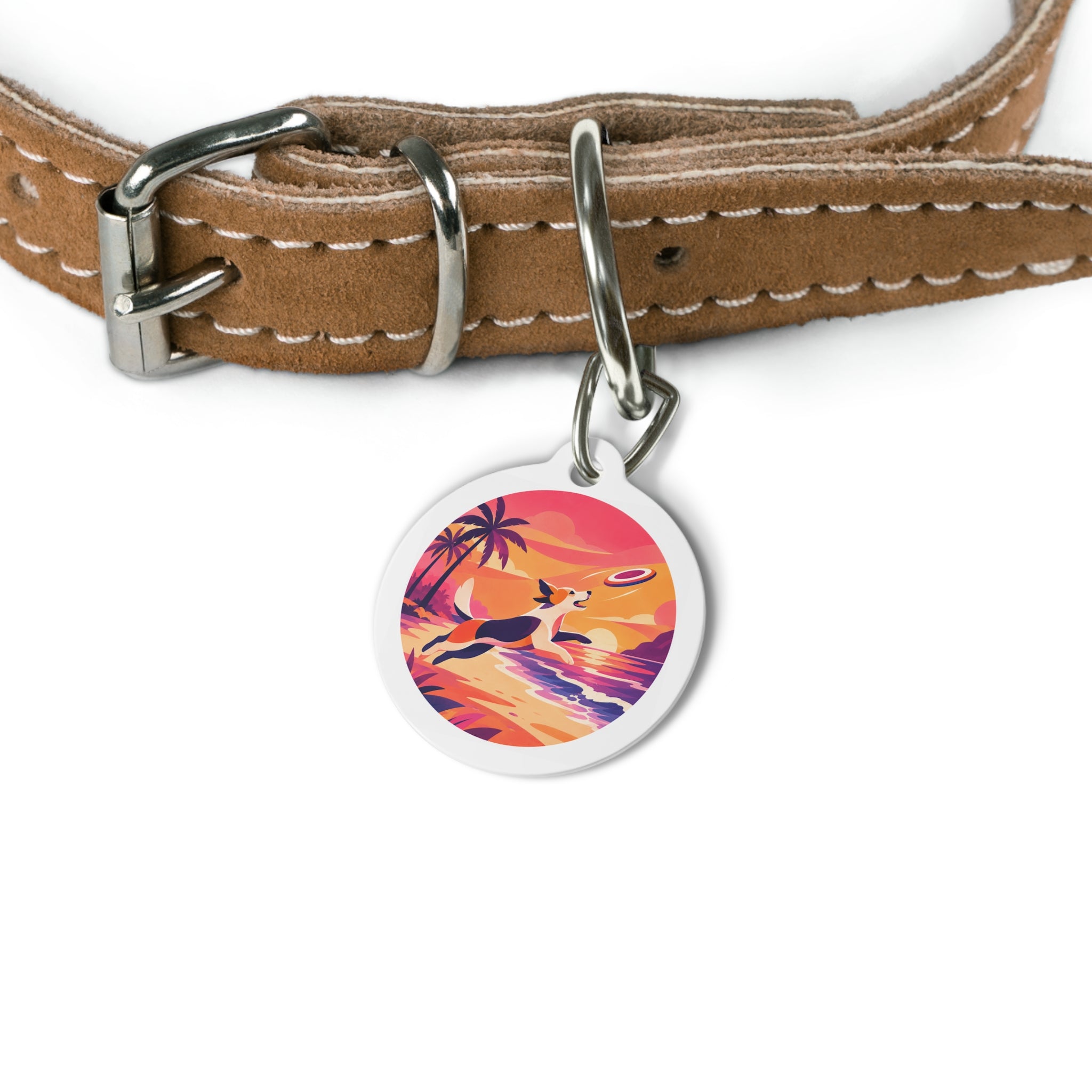 Sunset Frisbee Dreamy Coastal Scene Personalized Dog ID Tag
