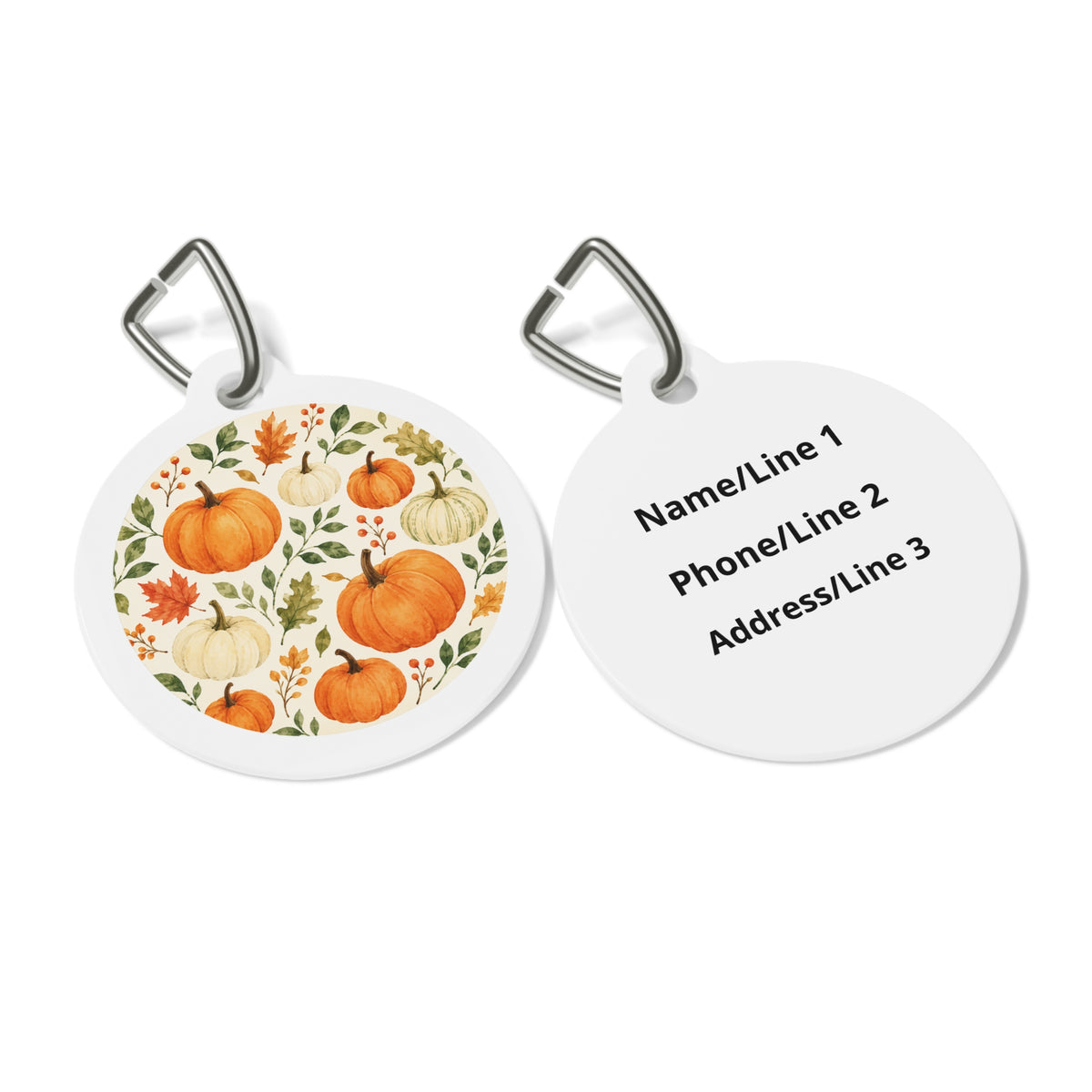 Close-up of Elegant Autumn Pumpkin Garden artwork on personalized dog ID tag