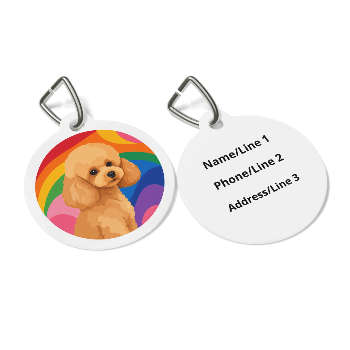 Close-up of Toy Poodle Rainbow Joy Apricot artwork on personalized dog ID tag