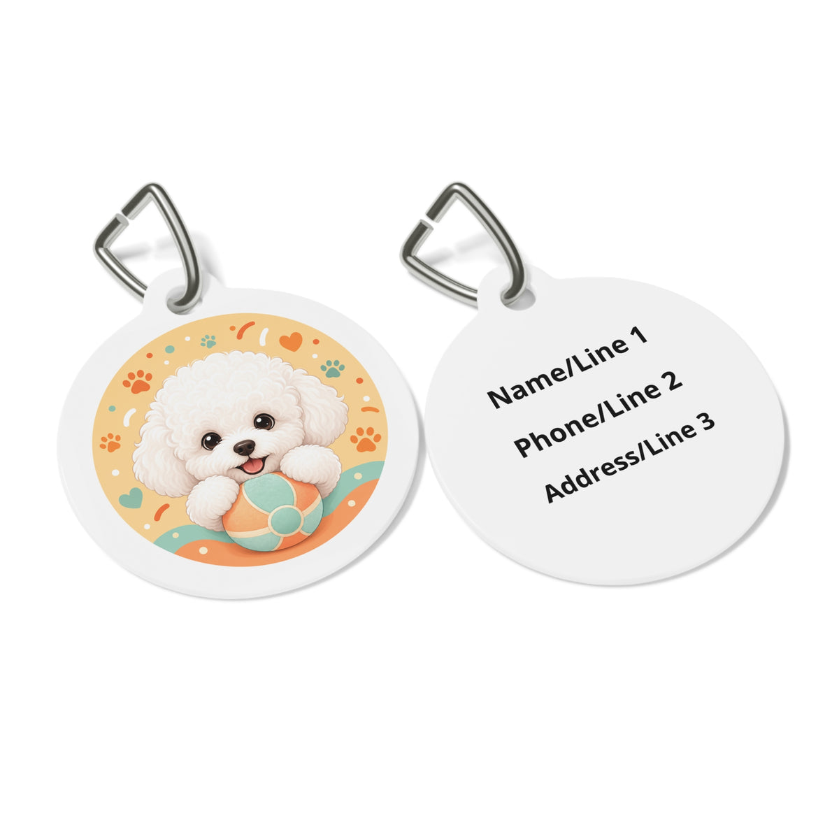 Close-up of Bichon Frise Charming Cute Portrait artwork on personalized dog ID tag