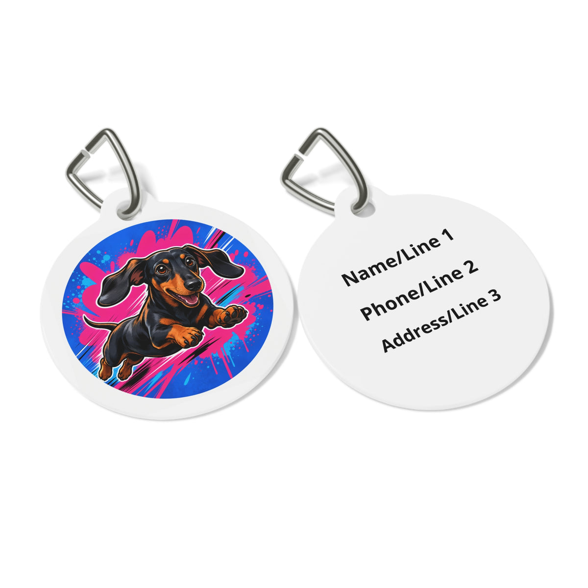 Close-up of Dachshund Sweet Playful Portrait artwork on personalized dog ID tag