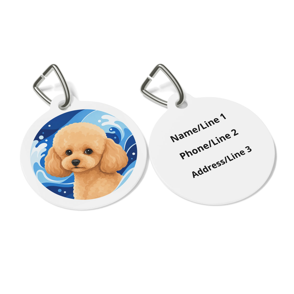 Close-up of Toy Poodle Ocean Wave Apricot Puppy artwork on personalized dog ID tag