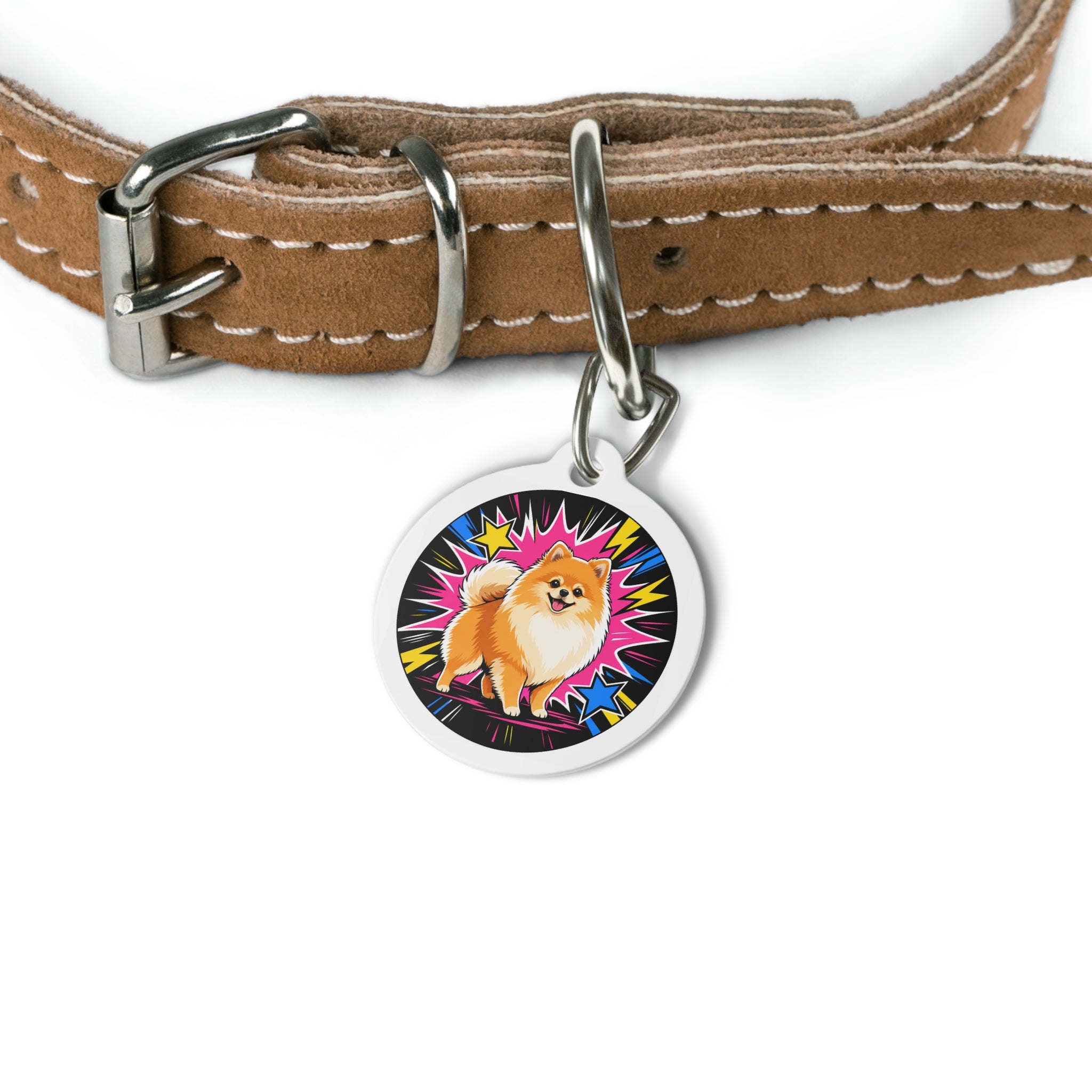 Pomeranian Comic Starburst Hero Personalized Dog ID Tag