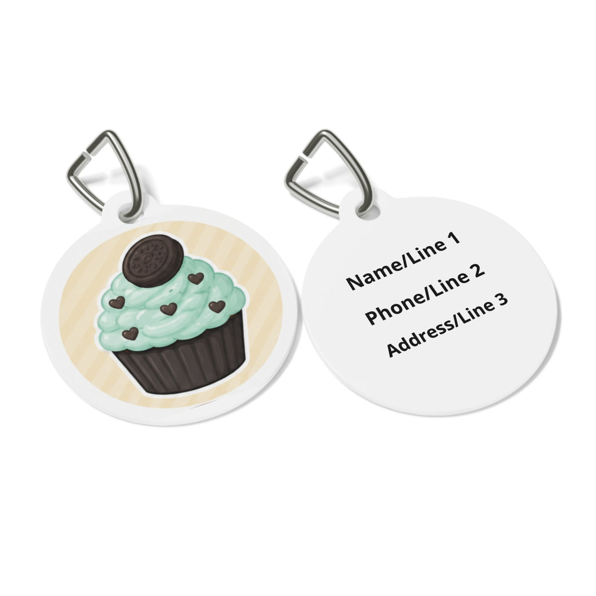 Close-up of Mint Cookie Cupcake Whimsical Foodie Art artwork on personalized dog ID tag