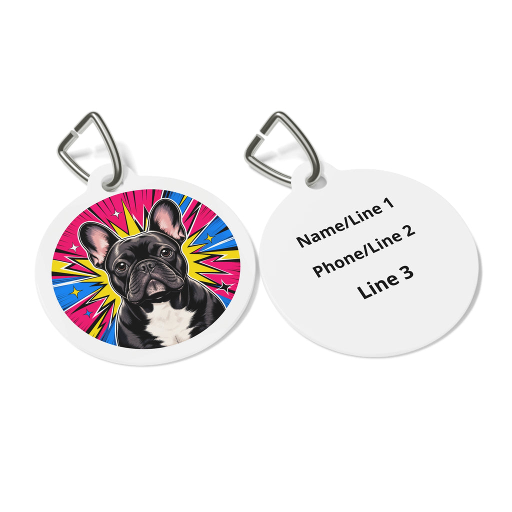 Etiqueta de identificación de perro personalizada con Pop Art alegre de bulldog francés