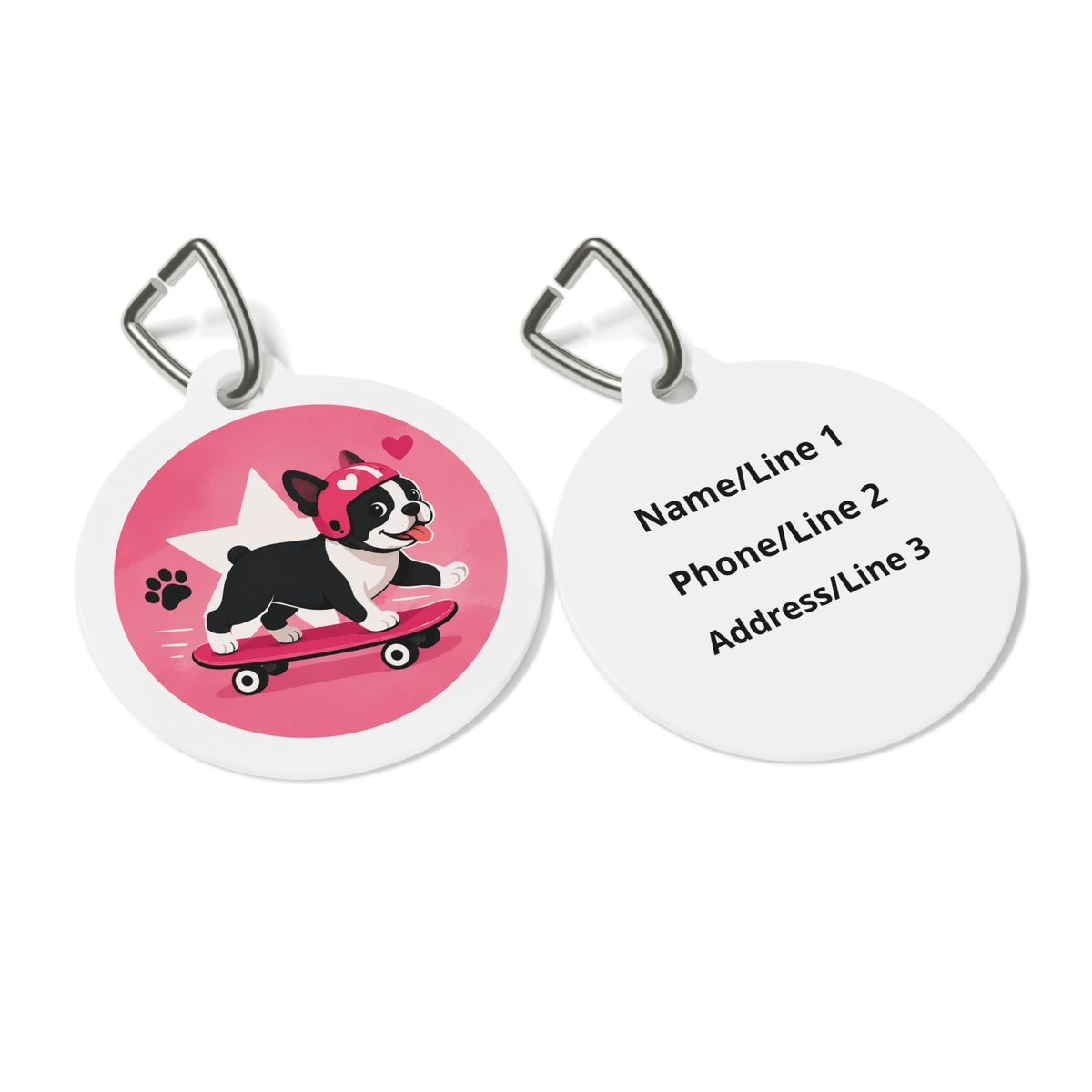 Close-up of Skater Frenchie Energetic Sports Illustration artwork on personalized dog ID tag