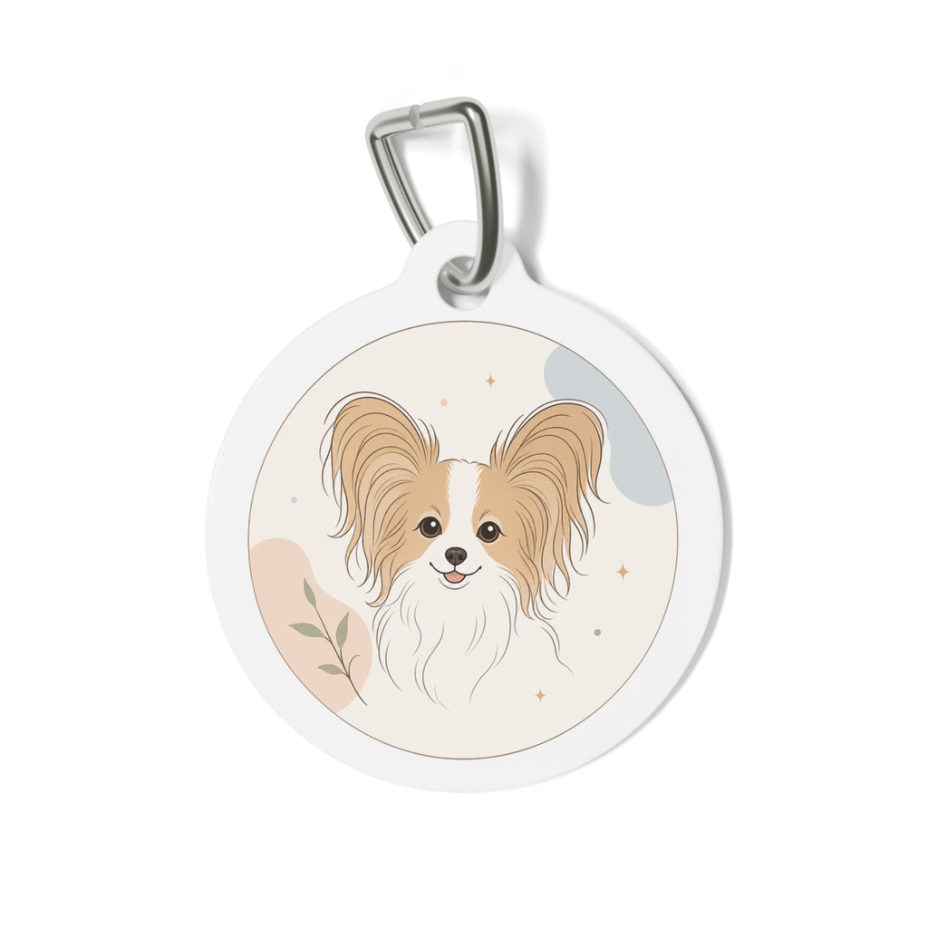 Etiqueta de identificación de perro personalizada con retrato botánico minimalista de Papillon