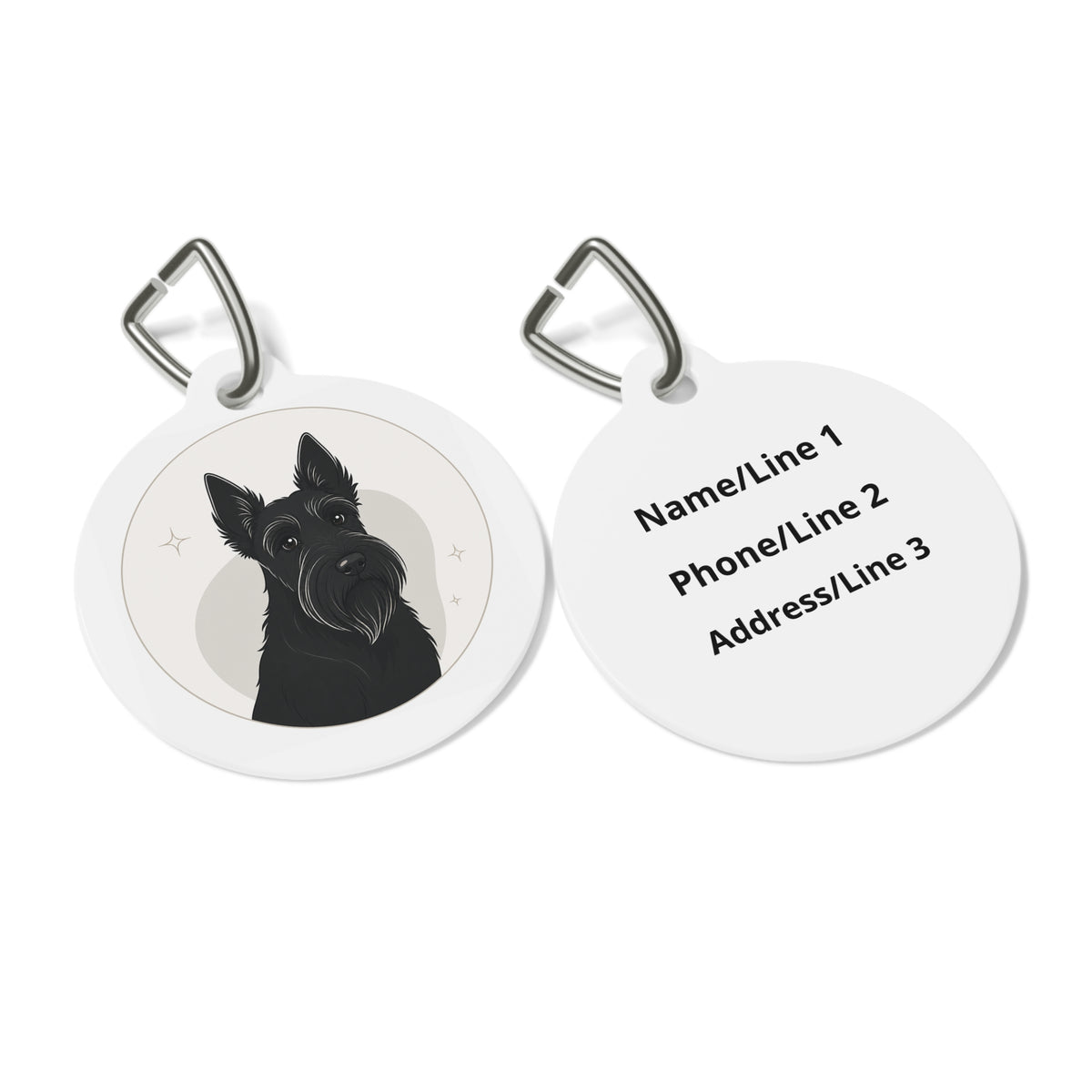Close-up of Scottish Terrier Monochrome Modern artwork on personalized dog ID tag