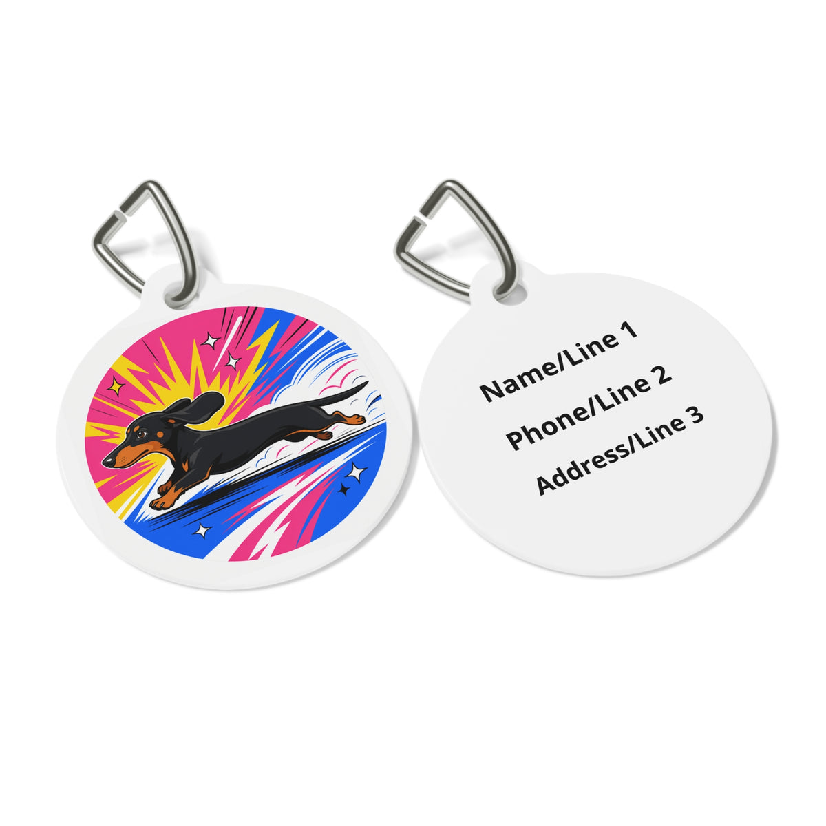 Close-up of Dachshund Charming Pop Art artwork on personalized dog ID tag