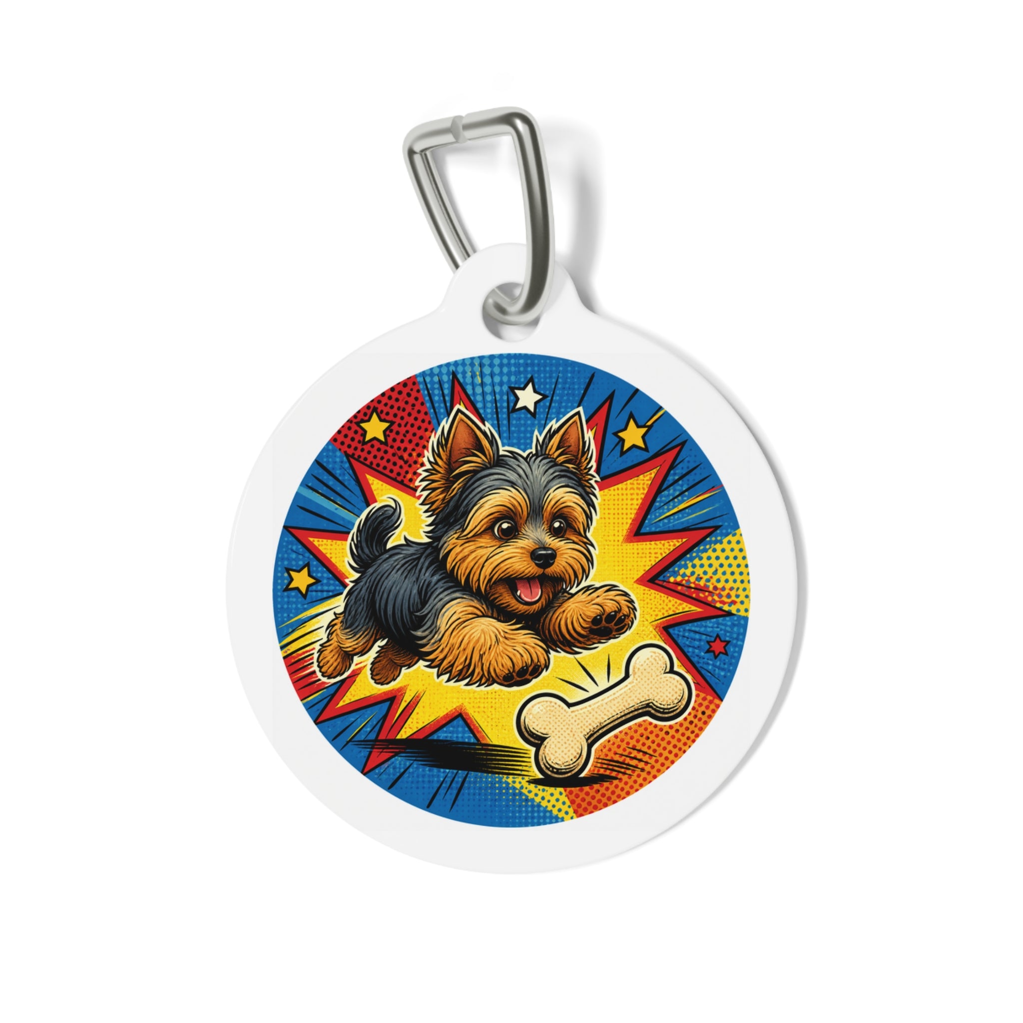 Yorkshire Terrier Comic Action & Bone Personalized Dog ID Tag