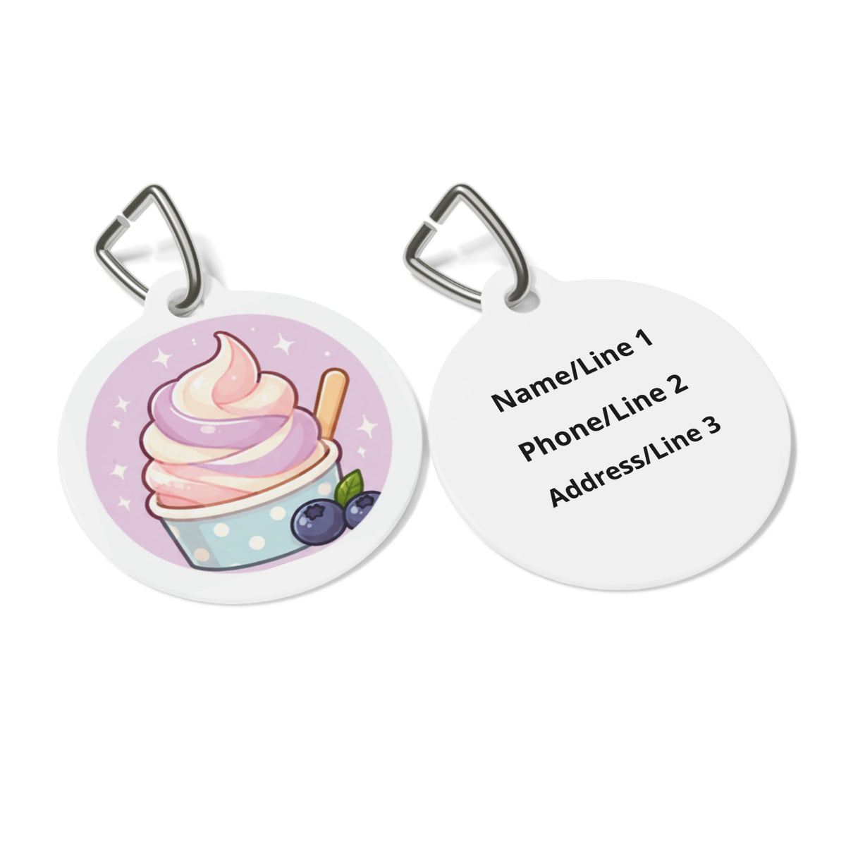 Close-up of Berry Soft Serve Whimsical Foodie Art artwork on personalized dog ID tag