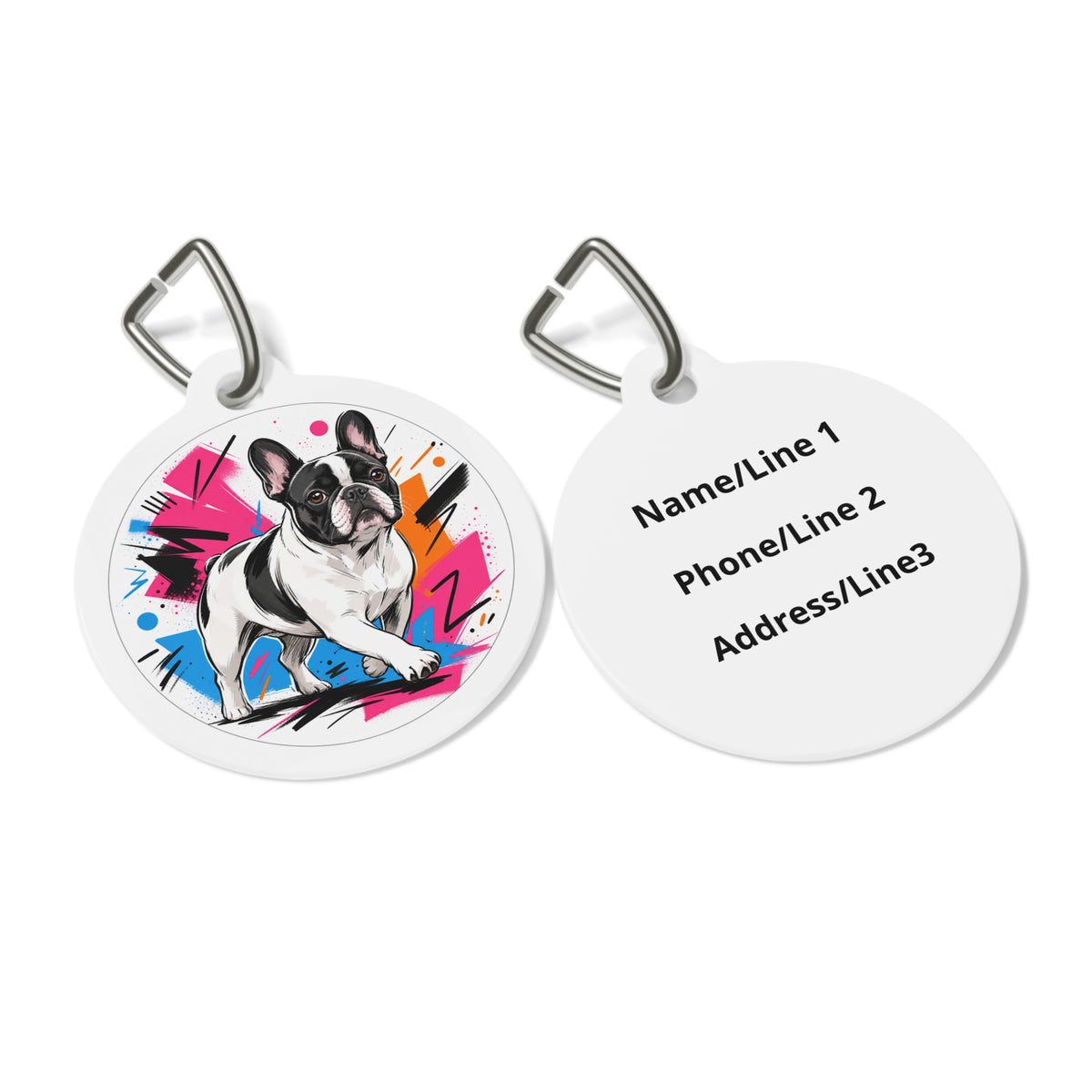 Close-up of French Bulldog Bright Pop Art artwork on personalized dog ID tag