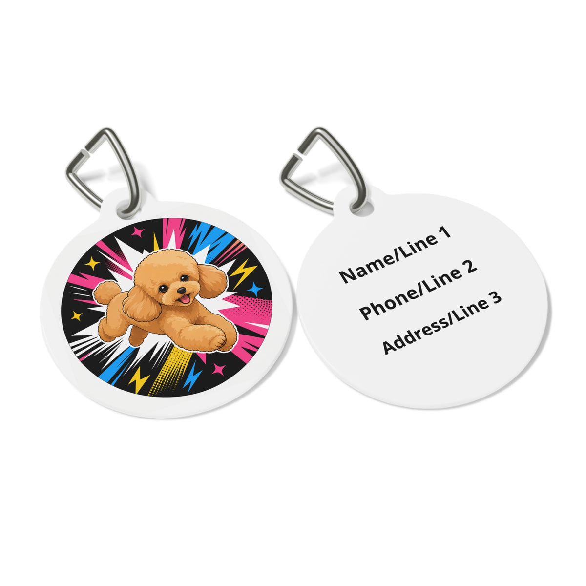 Close-up of Toy Poodle Superpup Comic Burst artwork on personalized dog ID tag