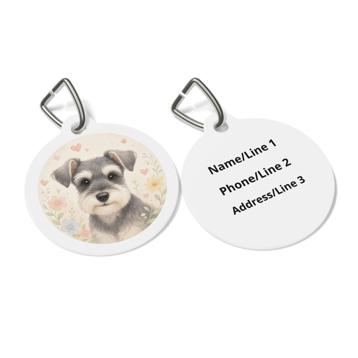 Close-up of Miniature Schnauzer Cute Portrait artwork on personalized dog ID tag