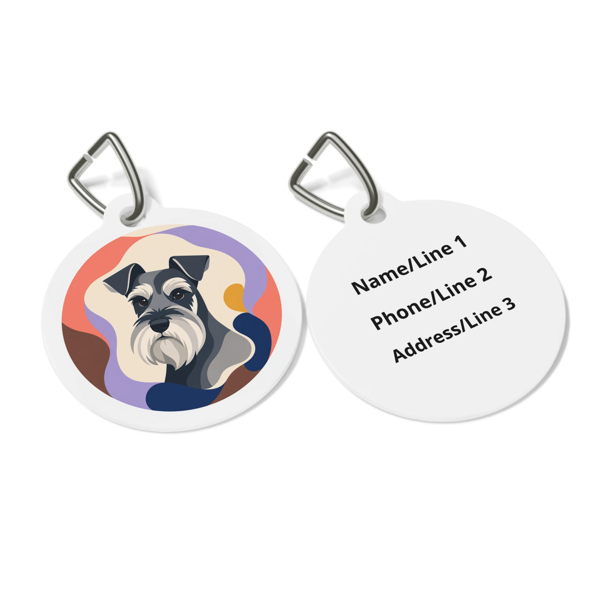 Close-up of Miniature Schnauzer Playful Portrait artwork on personalized dog ID tag