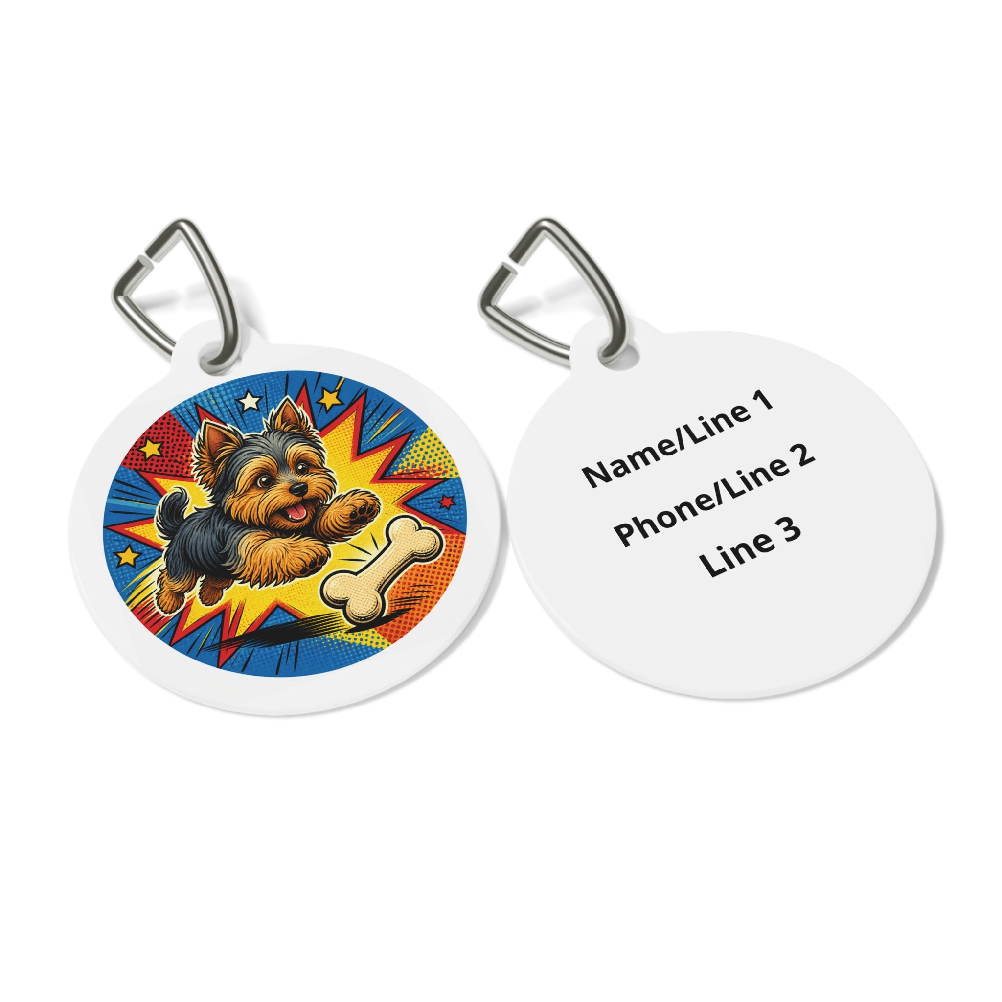 Yorkshire Terrier Comic Action & Bone Personalized Dog ID Tag