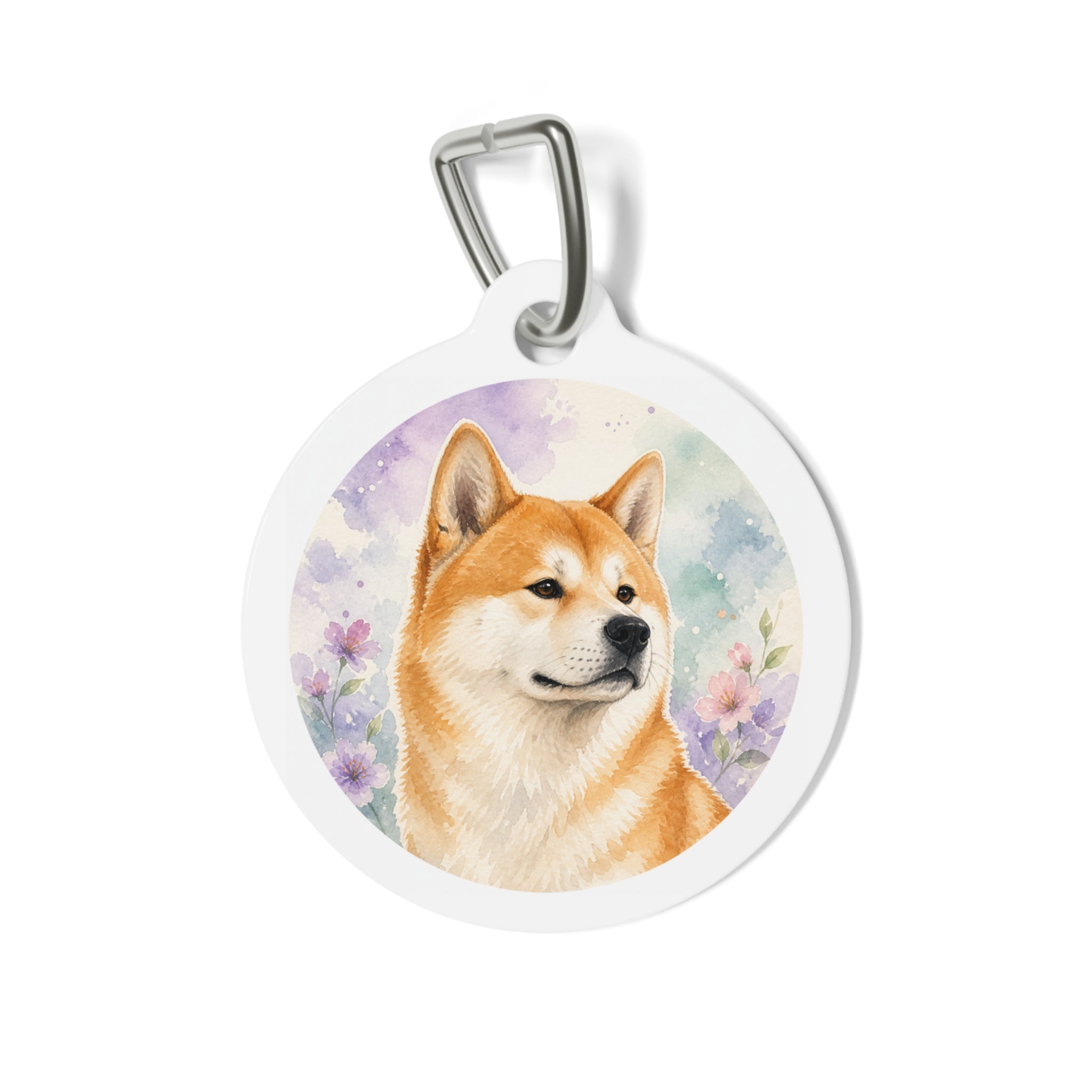 Akita Lavender Floral Watercolor Personalized Dog ID Tag
