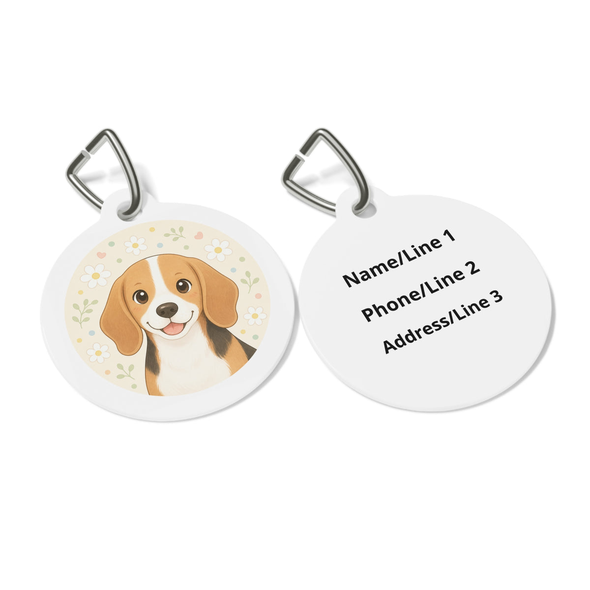Close-up of Beagle Pastel Confetti artwork on personalized dog ID tag