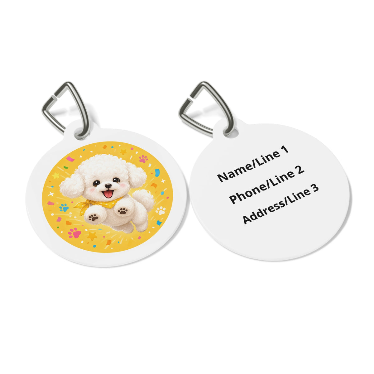 Close-up of Bichon Frise Joyful Cute Portrait artwork on personalized dog ID tag