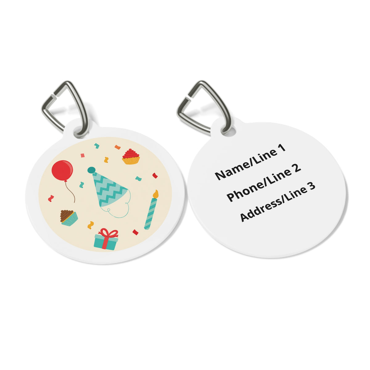 Close-up of Whimsical Birthday Party Icons artwork on personalized dog ID tag