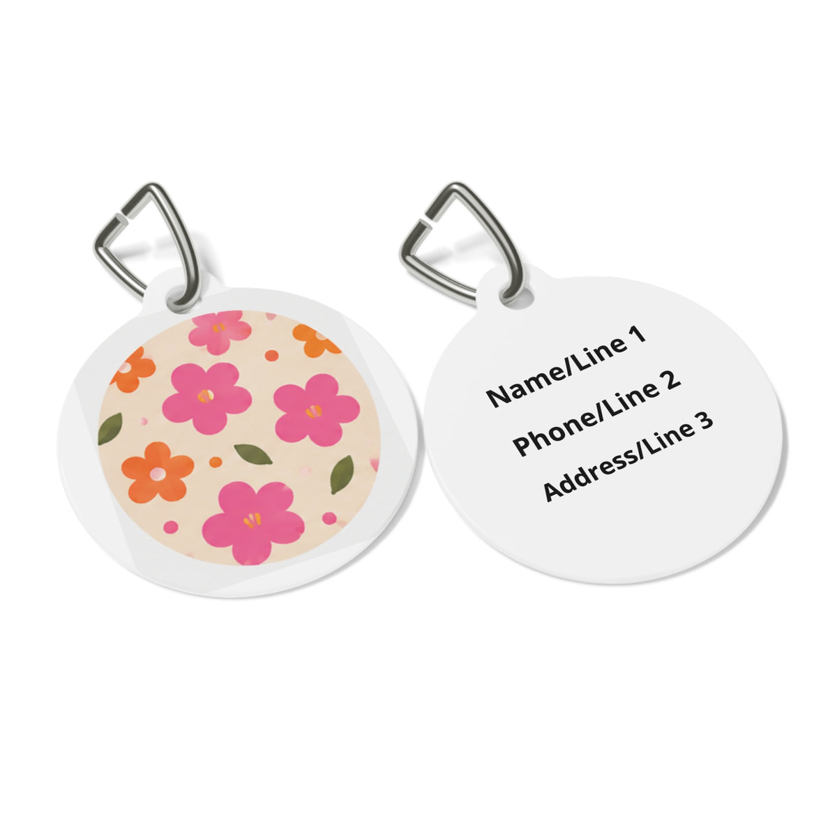 Close-up of Retro Pink & Orange Blooms Retro Floral Pattern artwork on personalized dog ID tag
