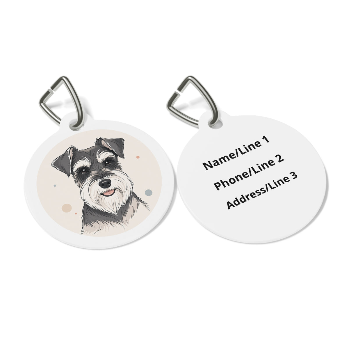 Close-up of Miniature Schnauzer Whimsical Playful Portrait artwork on personalized dog ID tag