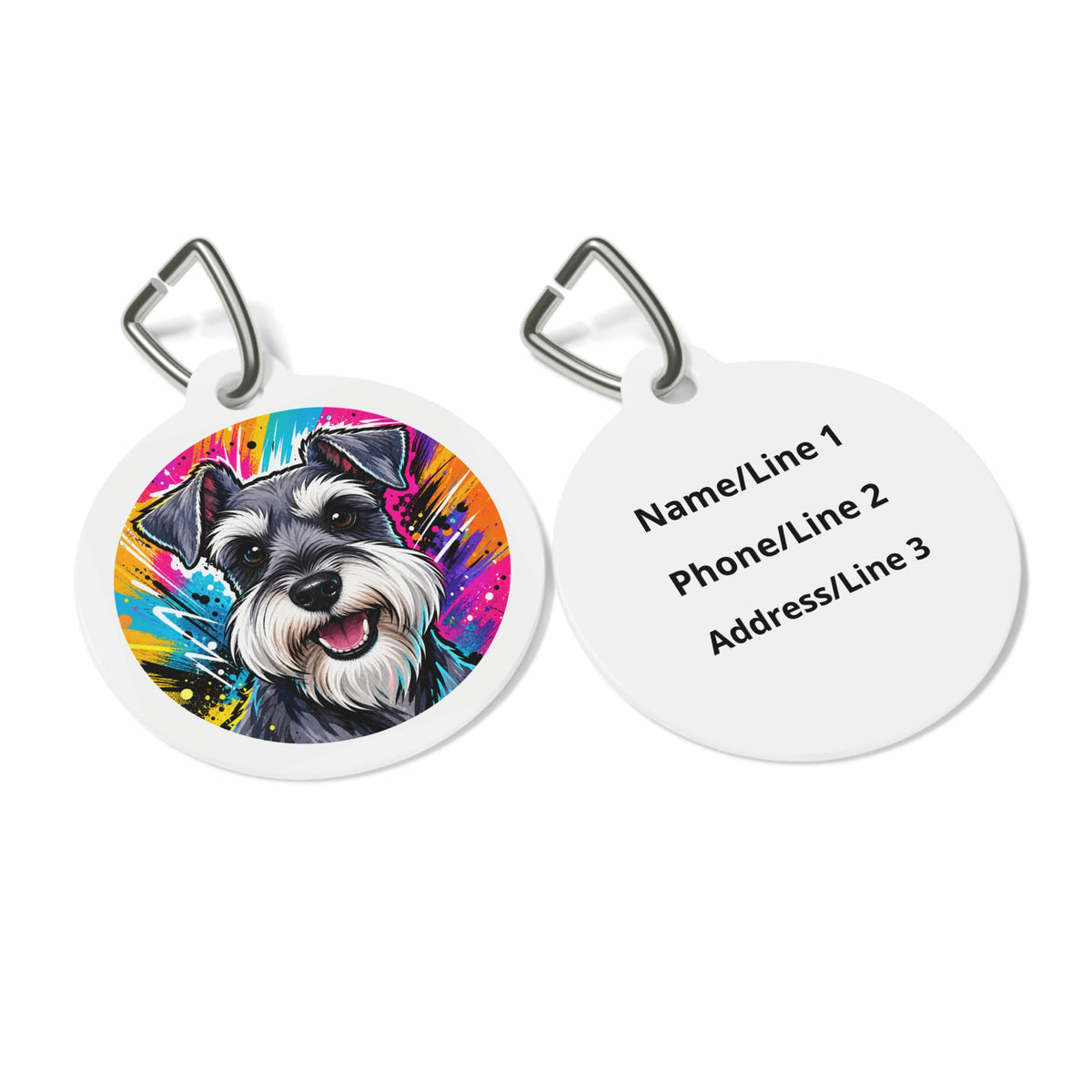 Close-up of Miniature Schnauzer Joyful Pop Art artwork on personalized dog ID tag