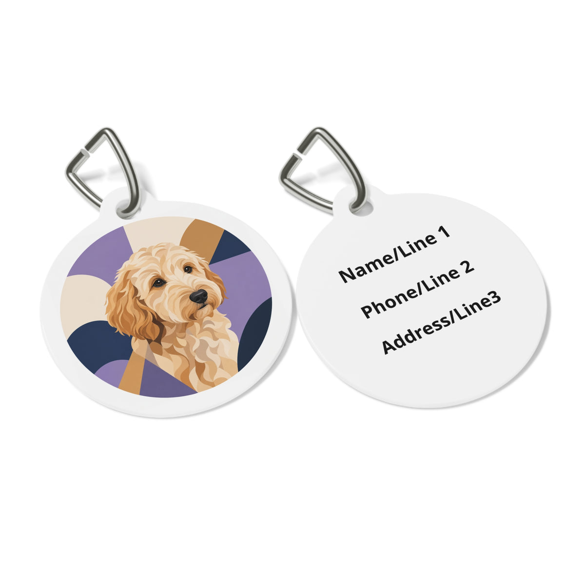 Close-up of Goldendoodle Modern Illustrated Portrait artwork on personalized dog ID tag