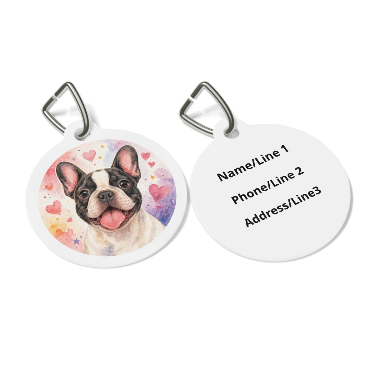 Close-up of French Bulldog Joyful Sweet Heart artwork on personalized dog ID tag