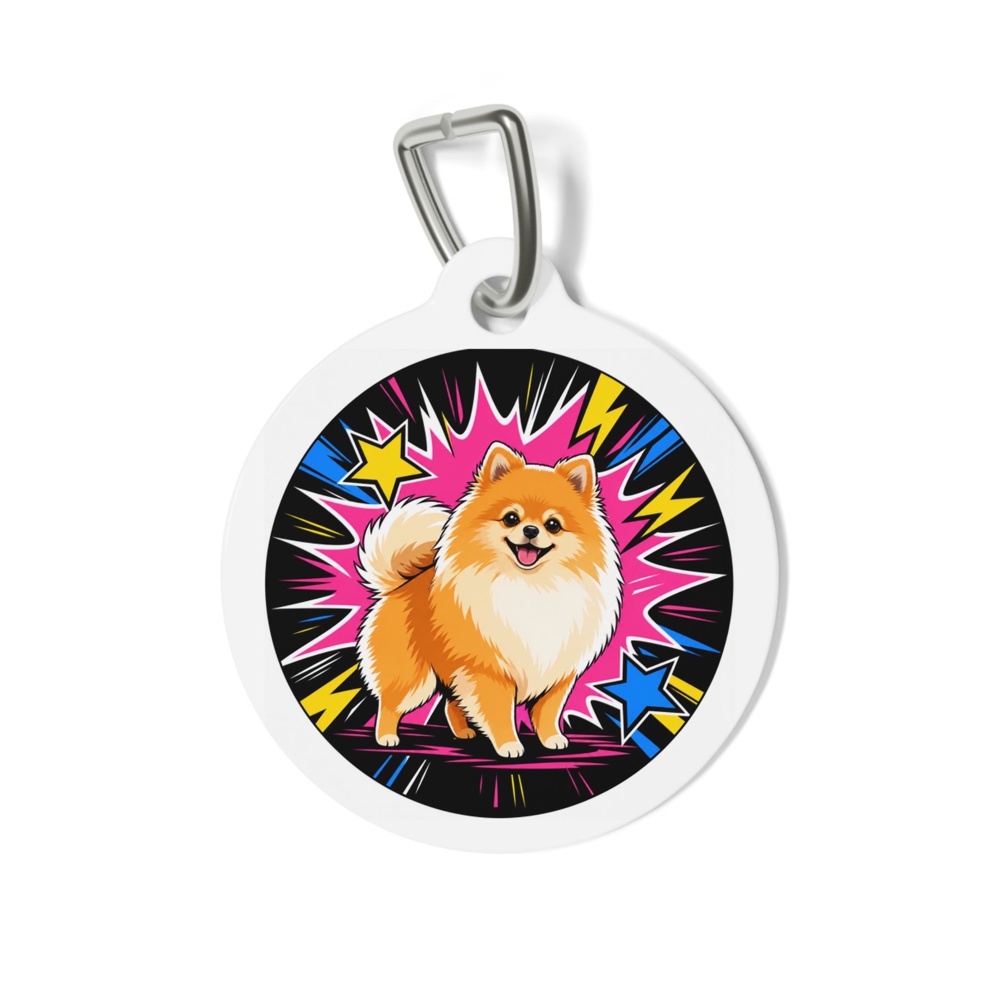 Pomeranian Comic Starburst Hero Personalized Dog ID Tag