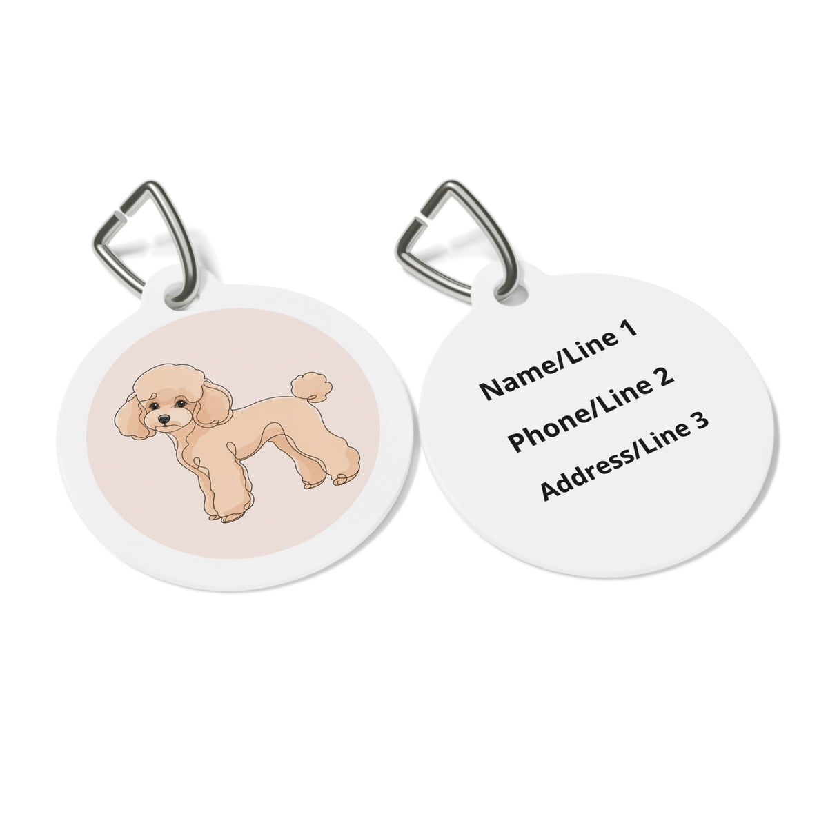 Close-up of Toy Poodle Minimal Line Art Apricot artwork on personalized dog ID tag
