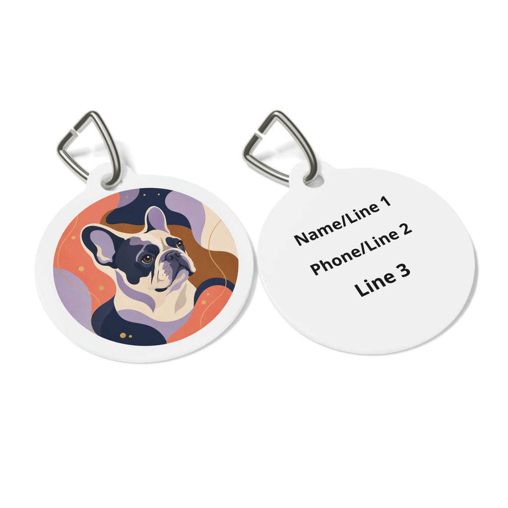 Etiqueta de identificación para perro personalizada, retrato alegre y juguetón de bulldog francés
