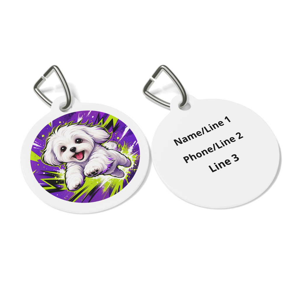 Placa de identificación personalizada para perro: acción cómica de neón maltés