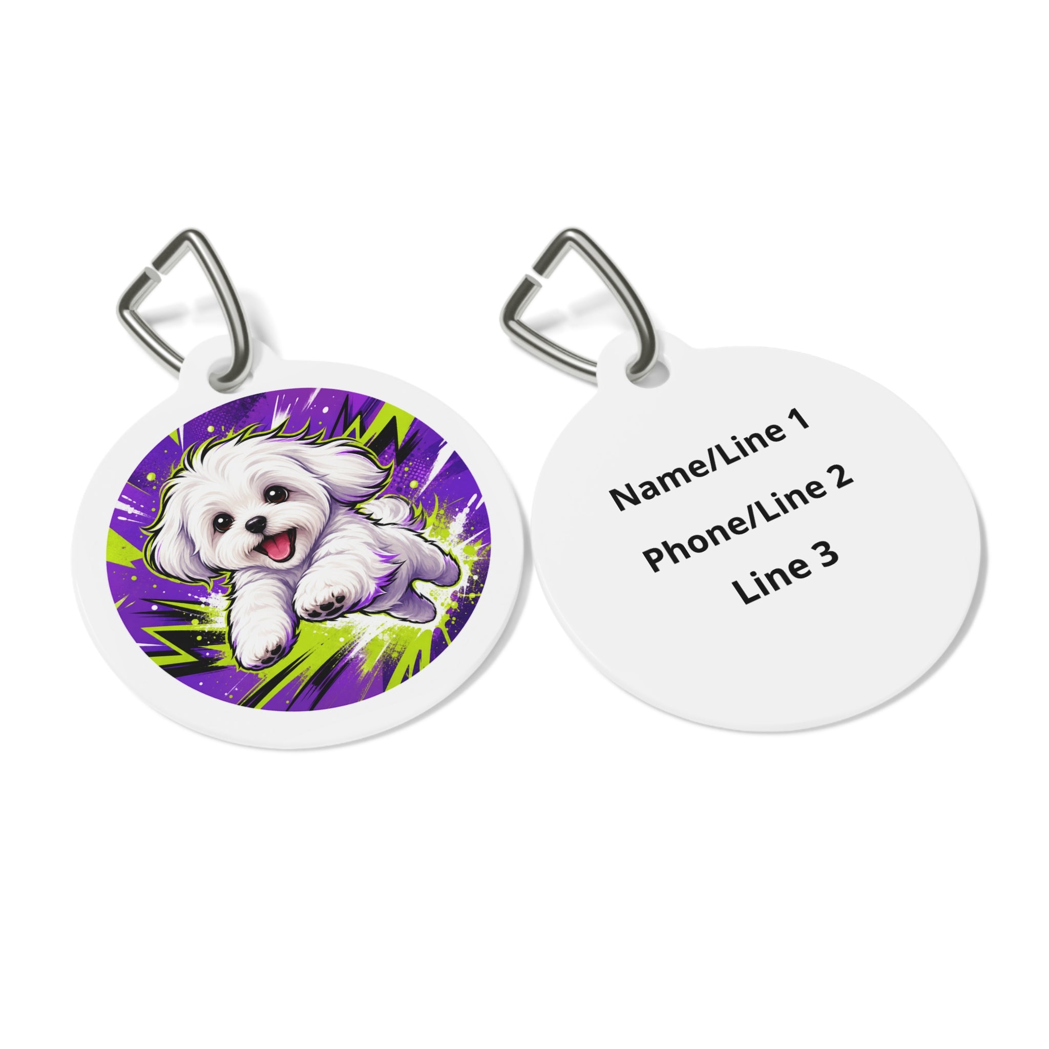 Maltese Neon Comic Action Personalized Dog ID Tag